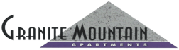 a triangular logo with the words grande mountain apartments on a white background