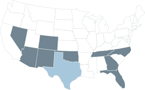 A map of the United States with certain states highlighted in shades of blue.