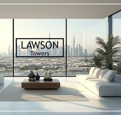 A modern living room with a view of the city skyline and a sign that says "LAWSON Towers".