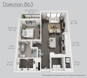 Dakotan 1 bed, 1 bath - 863 SF
