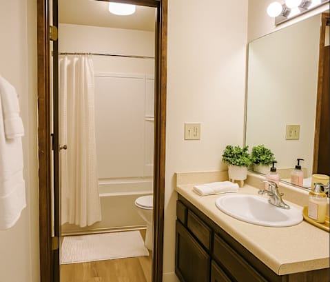 A bathroom with a white sink and a mirror.