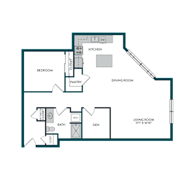 A floor plan of a one bedroom apartment with a living room, dining room, kitchen, pantry, and bathroom.