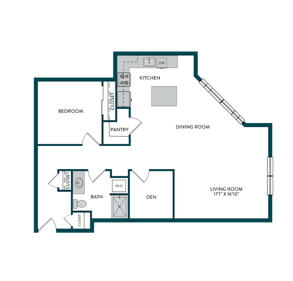 A floor plan of a one bedroom apartment with a living room, dining room, kitchen, pantry, and bathroom.