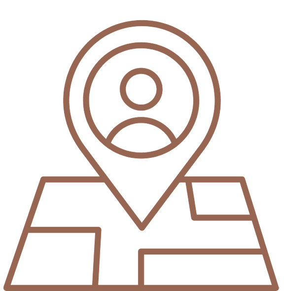 A brown icon of a location pin on top of a building.