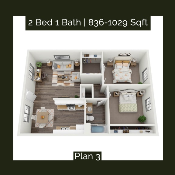 a 3d floor plan of a 2 bed 1 bath apartment