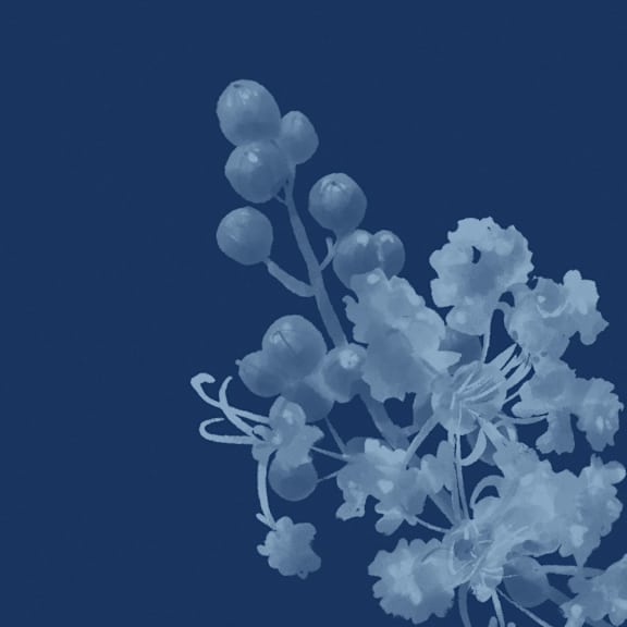 A blue floral pattern on a blue background.