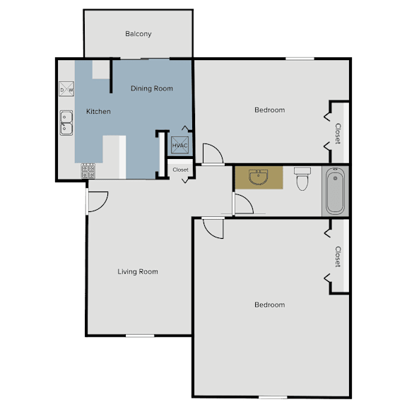 A floor plan of a house with a balcony, two bedrooms, a living room, a dining room, a kitchen, and a bathroom.
