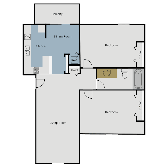 A floor plan of a house with a balcony, two bedrooms, a living room, a dining room, and a kitchen.