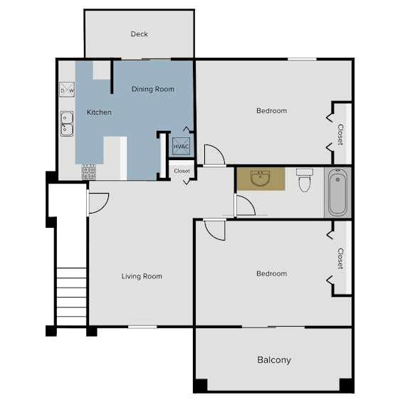 A floor plan of a house with a deck, dining room, kitchen, living room, and two bedrooms.
