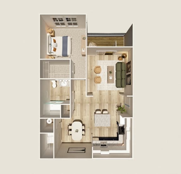 A floor plan of a small apartment with a kitchen, living room, and bathroom.