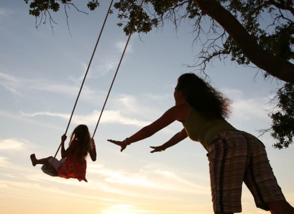 a woman playing with a child on a swing on a tree
