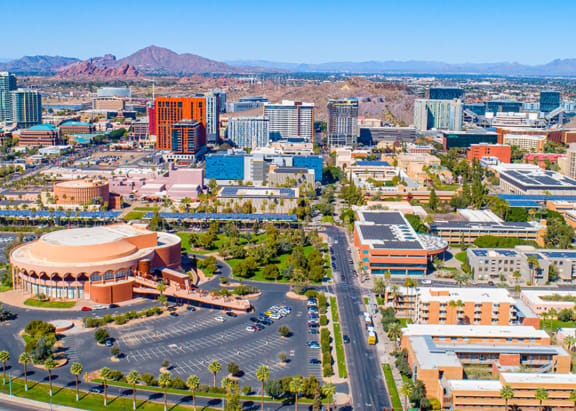 an aerial view of the city