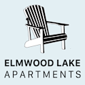 A black and white striped chair is in front of a light blue background with the words Elmwood Lake Apartments.