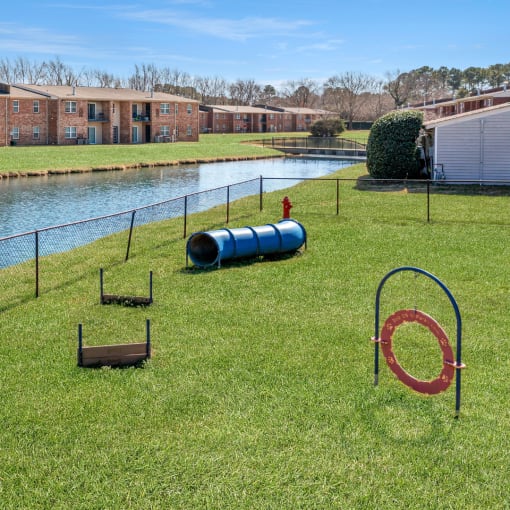 a set of playground equipment on the grass next to a pond at Rivers Landing Apartments, PRG Real Estate, Hampton, Virginia