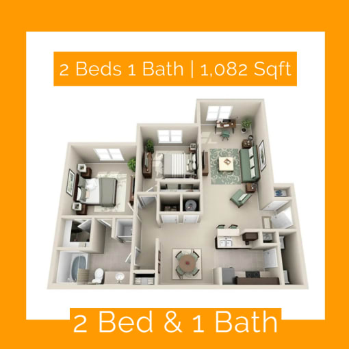 2 bed 1 bath plan at Sonoma Grande Apartments in South Tulsa, OK 1, 2 & 3 Bedrooms.