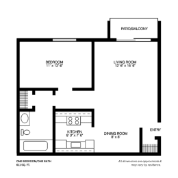 ONE BEDROOM Floor Plan at Willow Hill Apartments, Illinois