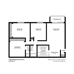 THREE BEDROOM Floor Plan at Willow Hill Apartments, Illinois, 60458