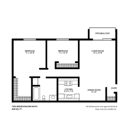 TWO BEDROOM Floor Plan at Willow Hill Apartments, Justice, IL, 60458