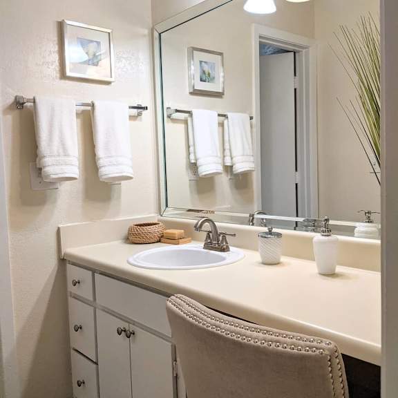 Bathroom vanity with a single sink in our apartments in Dunwoody.