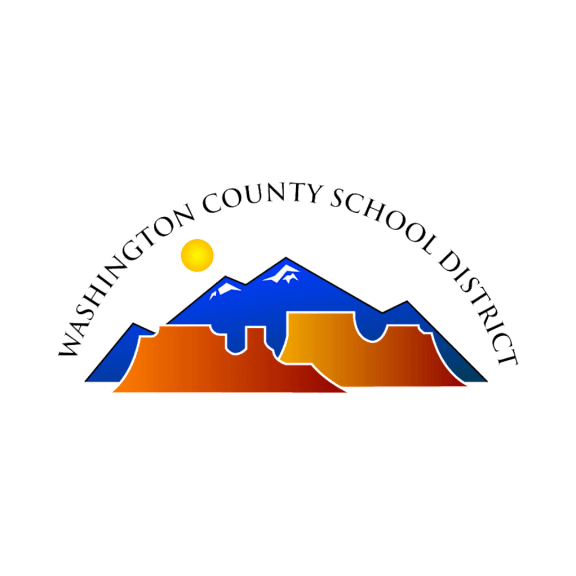 A logo for Washtington County School District featuring mountains and a sun.