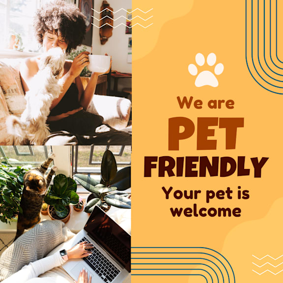 A poster promoting a pet-friendly environment with a woman and a dog.