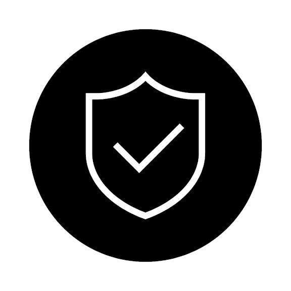 A black and white icon of a shield with a checkmark.