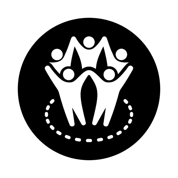 A white icon of three people forming a crown shape with a dotted circle around them.