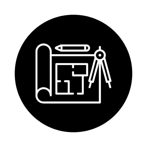 A black and white icon of a notebook with a pencil and a compass.