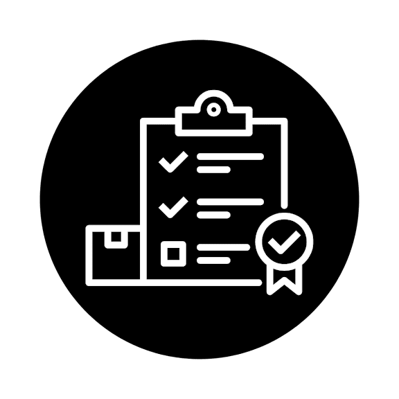 A white icon of a clipboard with a checklist and a seal.