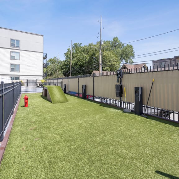 the yard is fenced in with a grassy area and a fire hydrant  at 45 Madison Apartments, Kansas City, MO