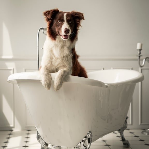 A dog is sitting in a white bathtub.