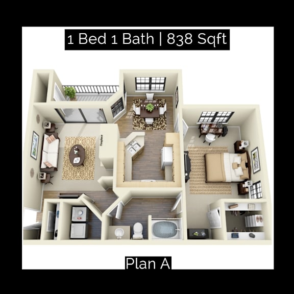 A 1 Bed 1 Bath apartment is 838 square feet.
