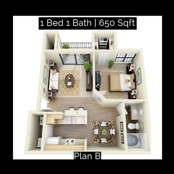 A 1 Bed 1 Bath apartment plan with 650 square feet.