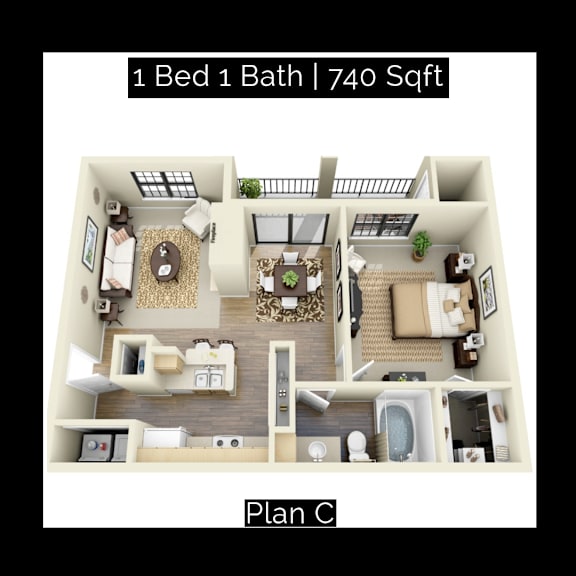 A 1 Bed 1 Bath apartment is 740 Sqft and is labeled as Plan C.