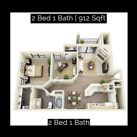 A 2 Bed 1 Bath apartment is 912 square feet.