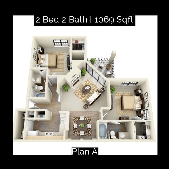 A 2 Bed 2 Bath apartment with a total area of 1069 square feet is displayed.