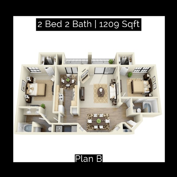 A 2 Bed 2 Bath apartment with a total area of 1209 Sqft is displayed.