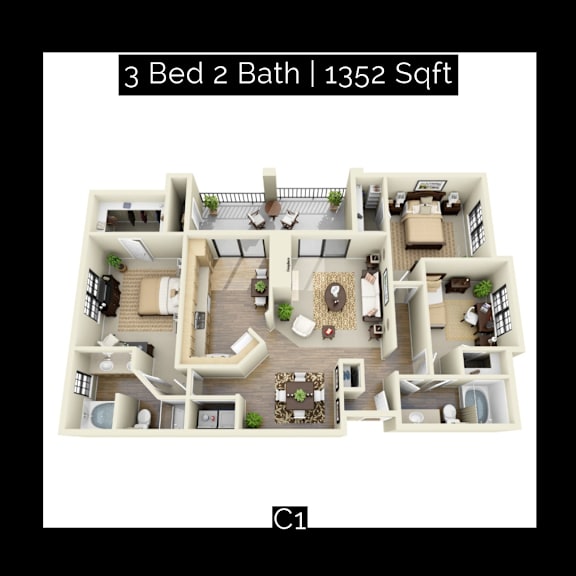 A 3 Bedroom 2 Bathroom apartment with a total area of 1352 Square Feet.