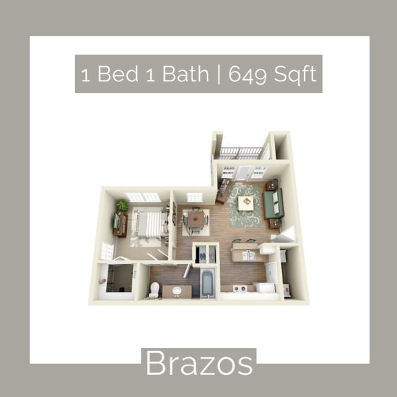 A floor plan of a 1 bedroom, 1 bathroom apartment that is 649 sqft. at Cypress Lake at Stonebriar Apartments, Frisco, TX, 75034