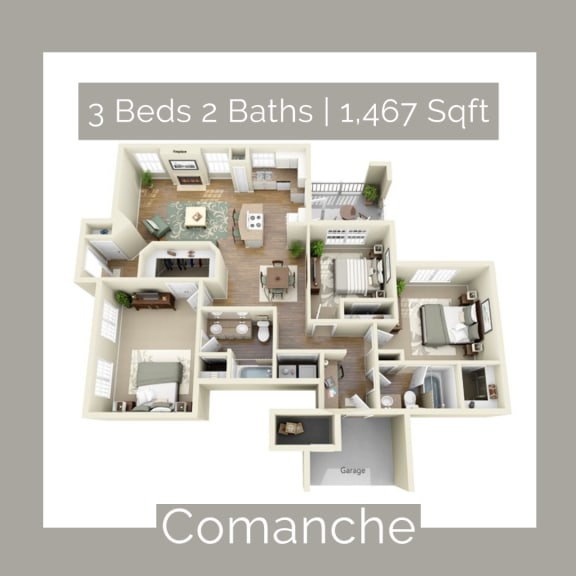 A 3 bedroom, 2 bathroom apartment with a total area of 1,467 square feet is displayed. at Cypress Lake at Stonebriar Apartments, Frisco, TX, 75034