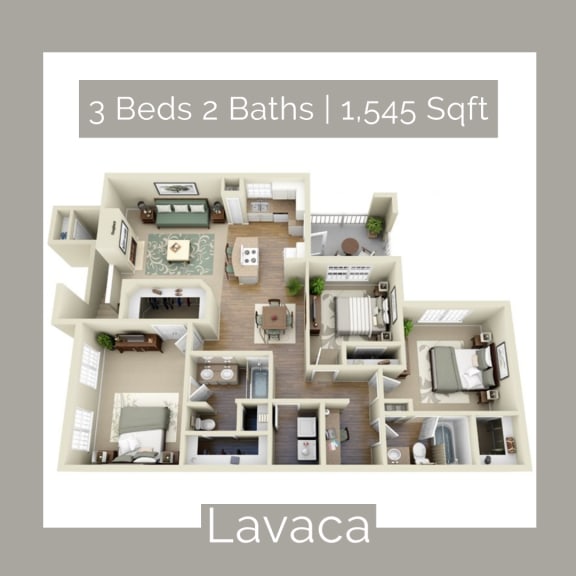 A 3 bedroom, 2 bathroom apartment with a total area of 1,545 square feet is called Lavaca. at Cypress Lake at Stonebriar Apartments, Frisco, TX, 75034