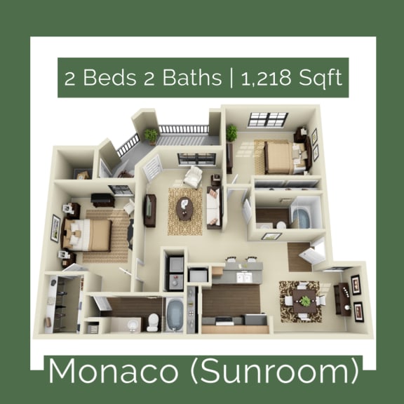 Monaco-Sunroom at Mission at La Villita Apartments in Irving, TX offers 1, 2 & 3 bedroom apartment homes with appliances.