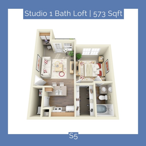 a 3d floor plan of a studio 1 bath left 1 573 sqft