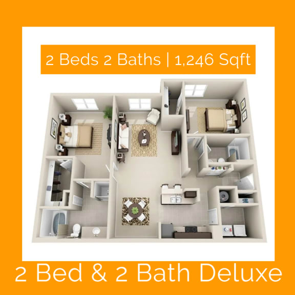 2 bed deluxe plan at Sonoma Grande Apartments in South Tulsa, OK 1, 2 & 3 Bedrooms.
