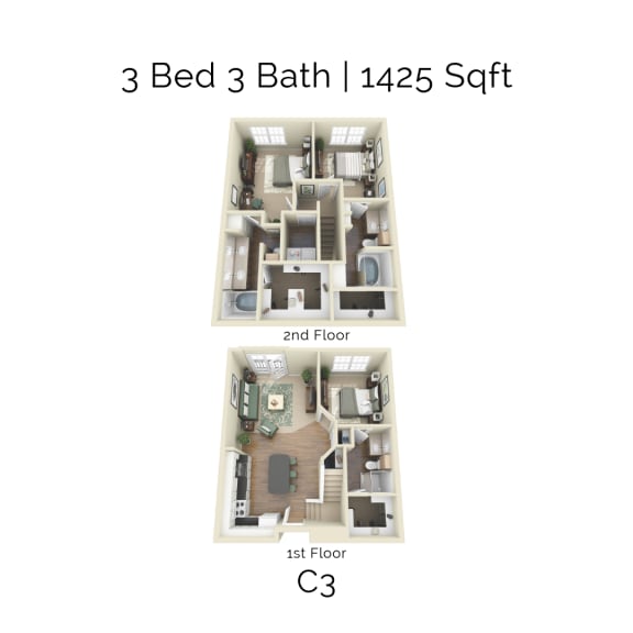 a hypothetical 3 bed 3 bath 144 sq ft floor plan