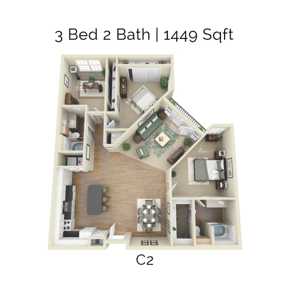 a 3 bed 2 bath 144 sq ft floor plan