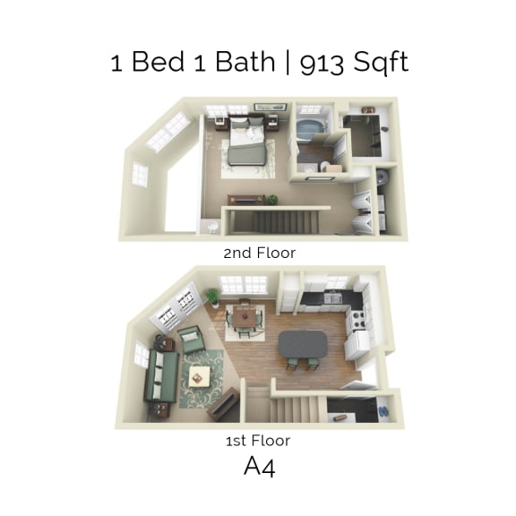 the 2nd and 3rd views of the 1 bed 1 bath floor plan