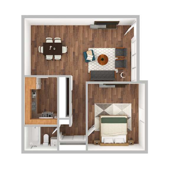 A top down view of a small bedroom with a bed, nightstand, and a table with chairs.