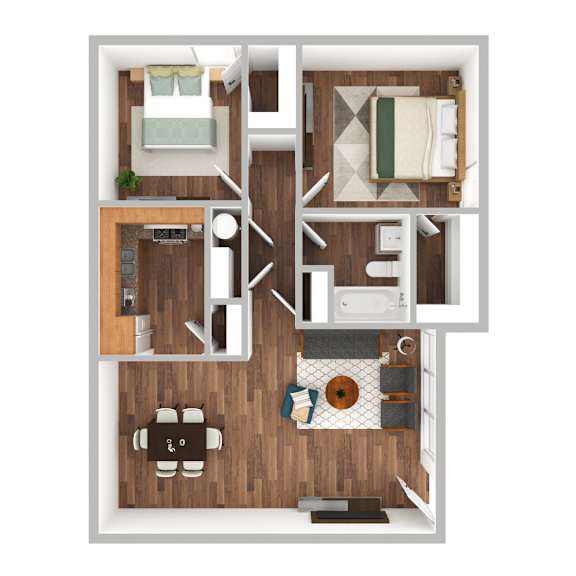 A top down view of a small apartment with a kitchen, living room, and two bedrooms.