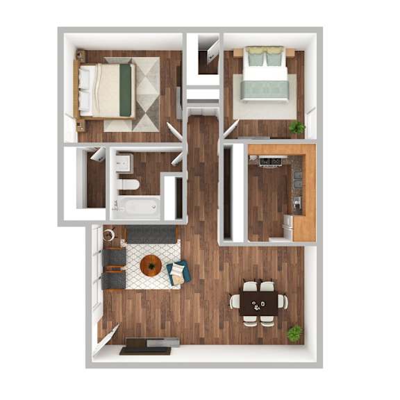 A top down view of a small apartment with a kitchen, living room, and bathroom.